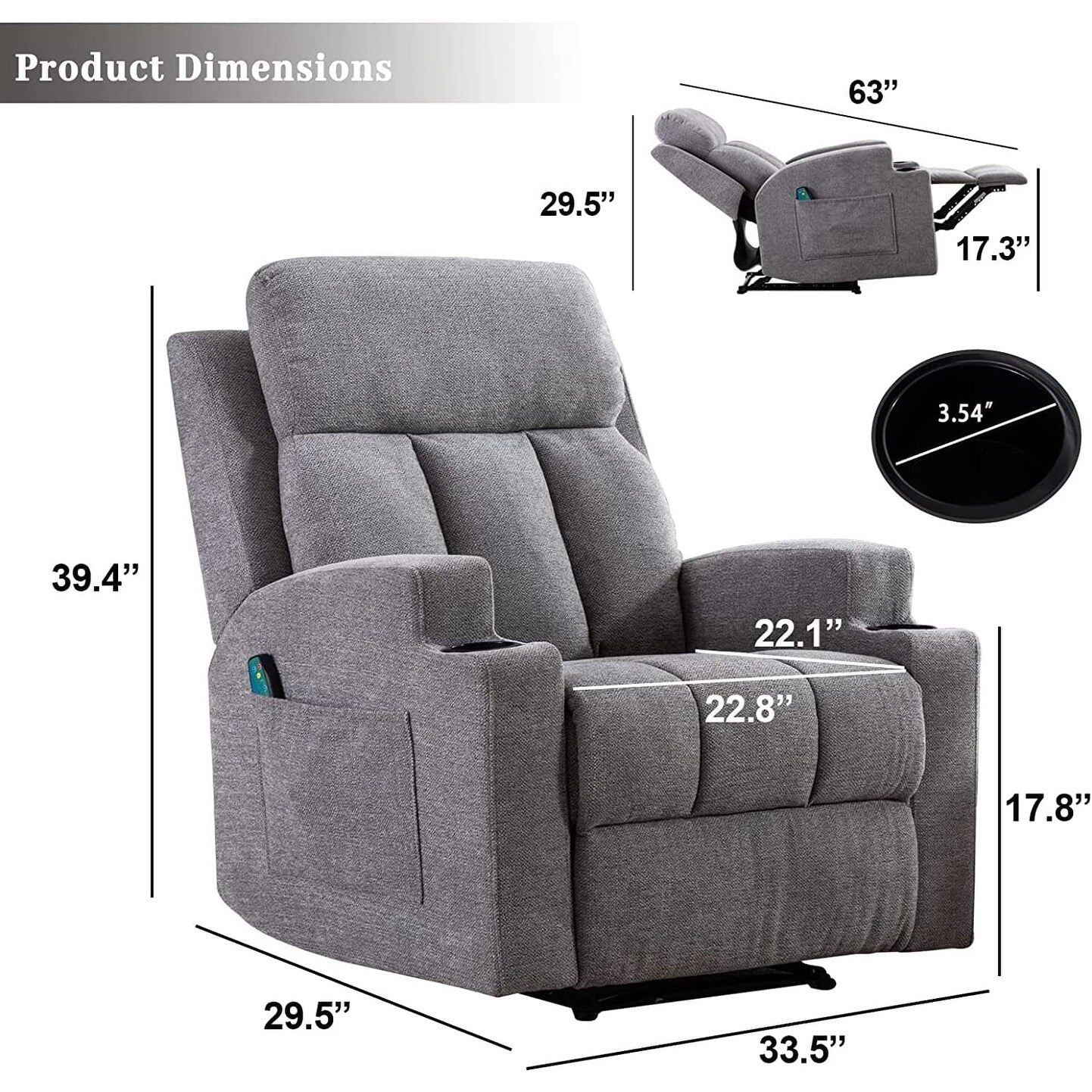 Fauteuil inclinable manuel, massant et chauffant, avec 2 porte-gobelets, tissu respirant