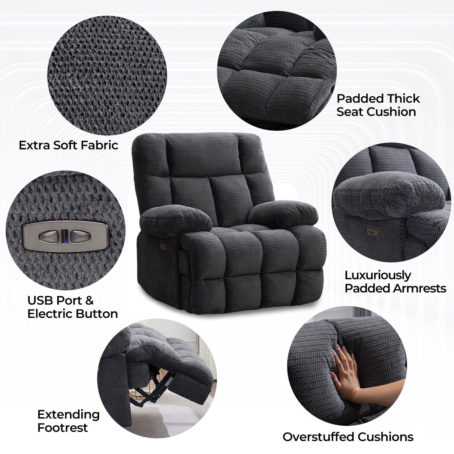 Fauteuil inclinable électrique surdimensionné Zero Gravity Big Man extra large pour salon avec port USB, siège large de 24 pouces, gris