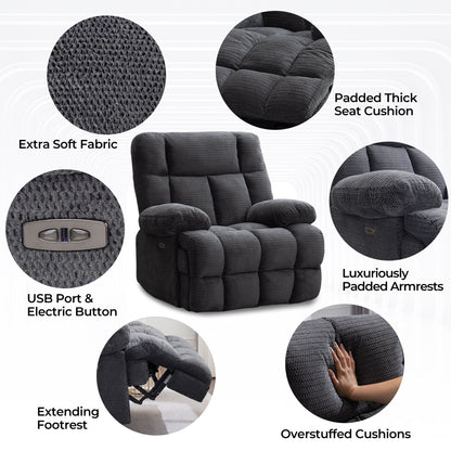 Fauteuil inclinable électrique surdimensionné Zero Gravity Big Man extra large pour salon avec port USB, siège large de 24 pouces, gris