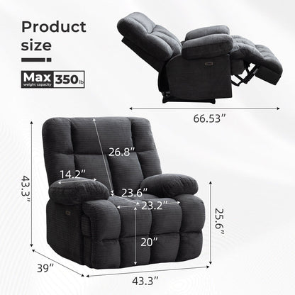 Fauteuil inclinable électrique surdimensionné Zero Gravity Big Man extra large pour salon avec port USB, siège large de 24 pouces, gris