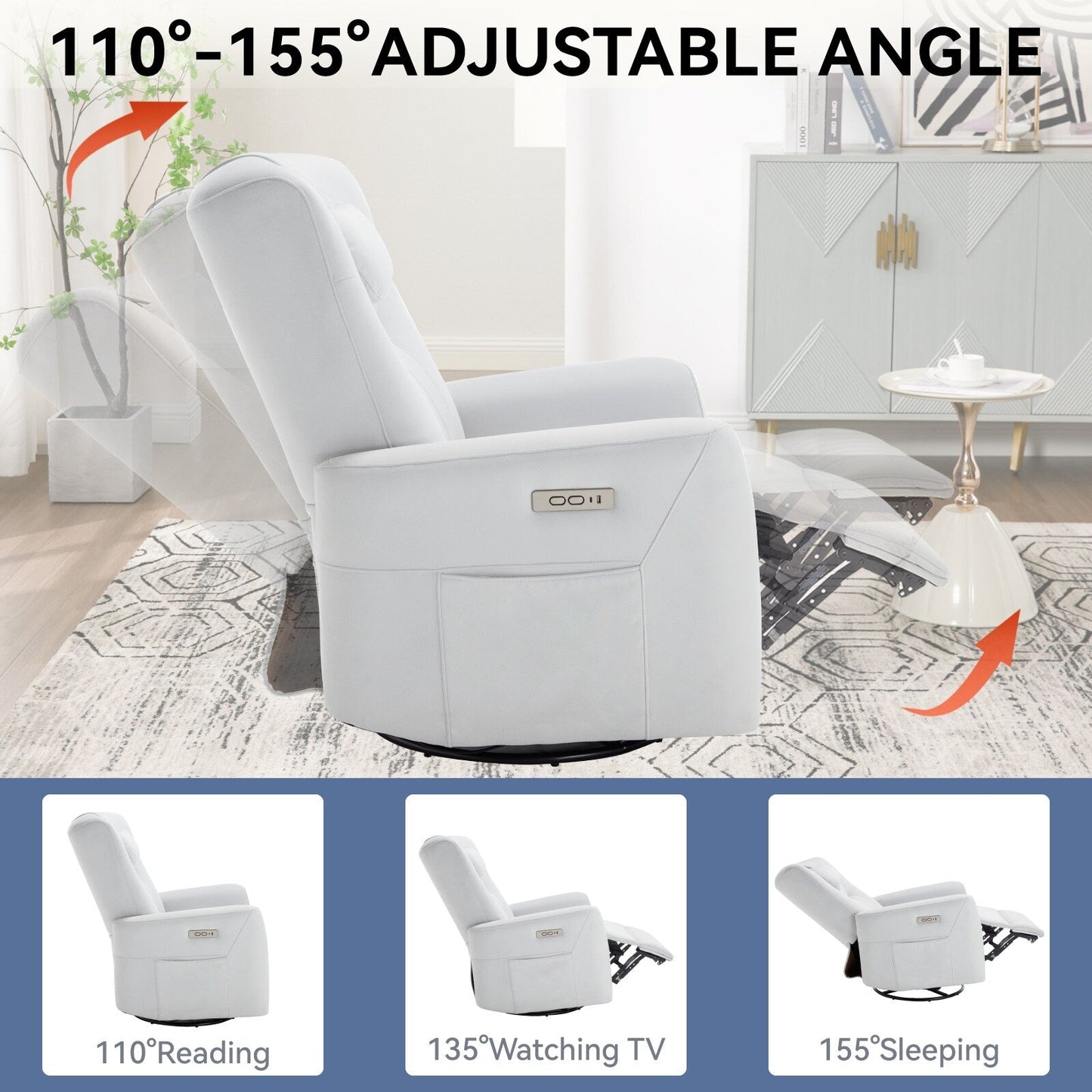 Fauteuil inclinable électrique pivotant à 270°, mouvement de bascule, coussin de soutien lombaire et cervical, ports USB et Type-C