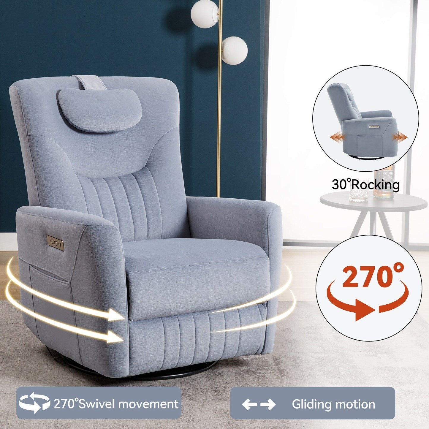 Fauteuil inclinable électrique pivotant à 270°, mouvement de bascule, coussin de soutien lombaire et cervical, ports USB et Type-C