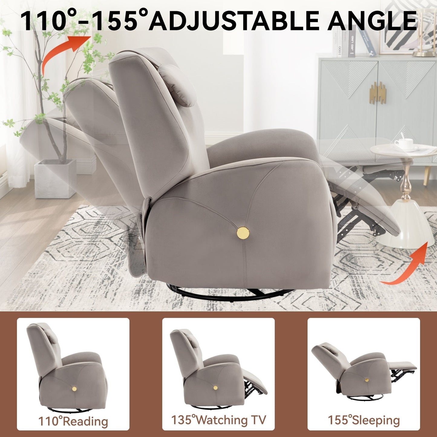 Fauteuil inclinable électrique pivotant à 270°, mouvement de bascule, soutien lombaire et cervical, ports de charge USB et Type-C, montage facile