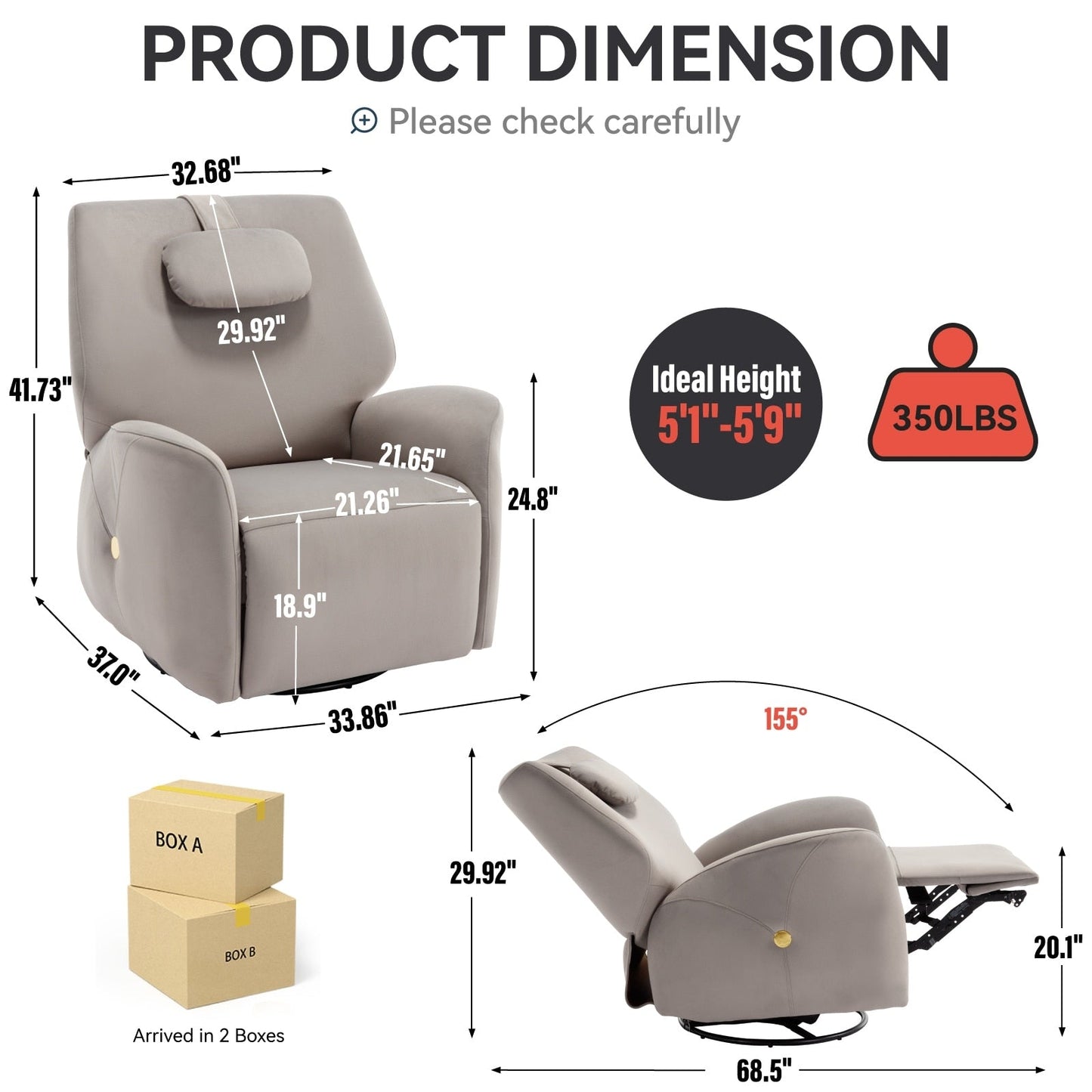 Fauteuil inclinable électrique pivotant à 270°, mouvement de bascule, soutien lombaire et cervical, ports de charge USB et Type-C, montage facile