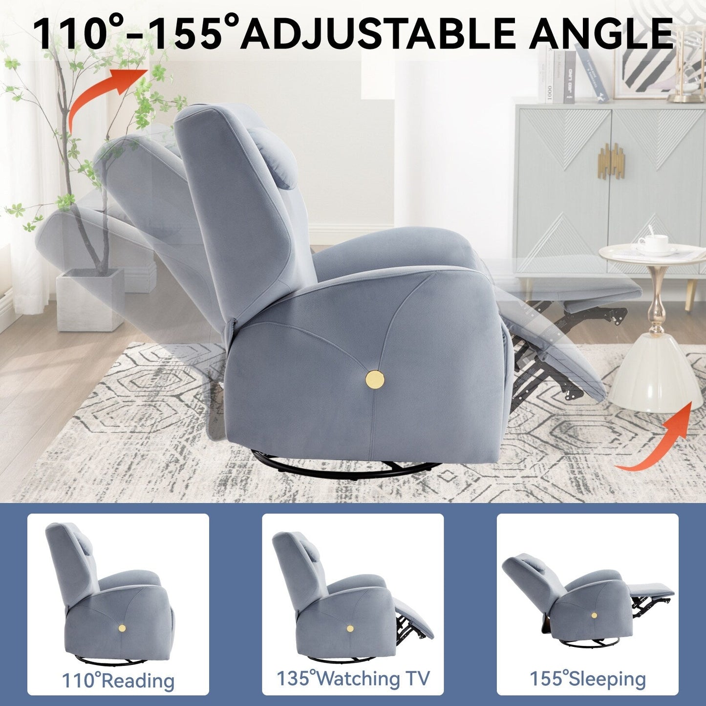 Fauteuil inclinable électrique pivotant à 270°, mouvement de bascule, soutien lombaire et cervical, ports de chargement USB et Type-C, montage facile