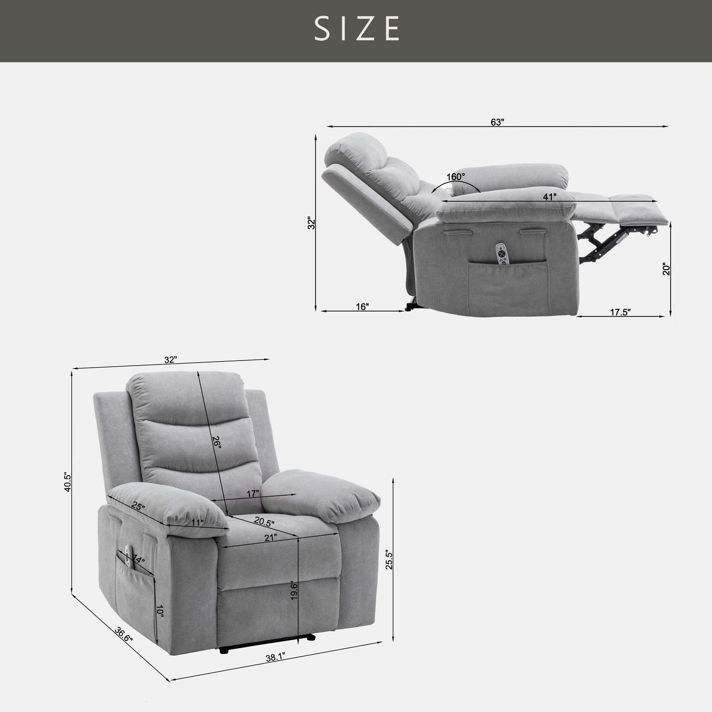 Fauteuil inclinable électrique avec fonction de massage réglable - 36,63 x 38,13 x 40,50