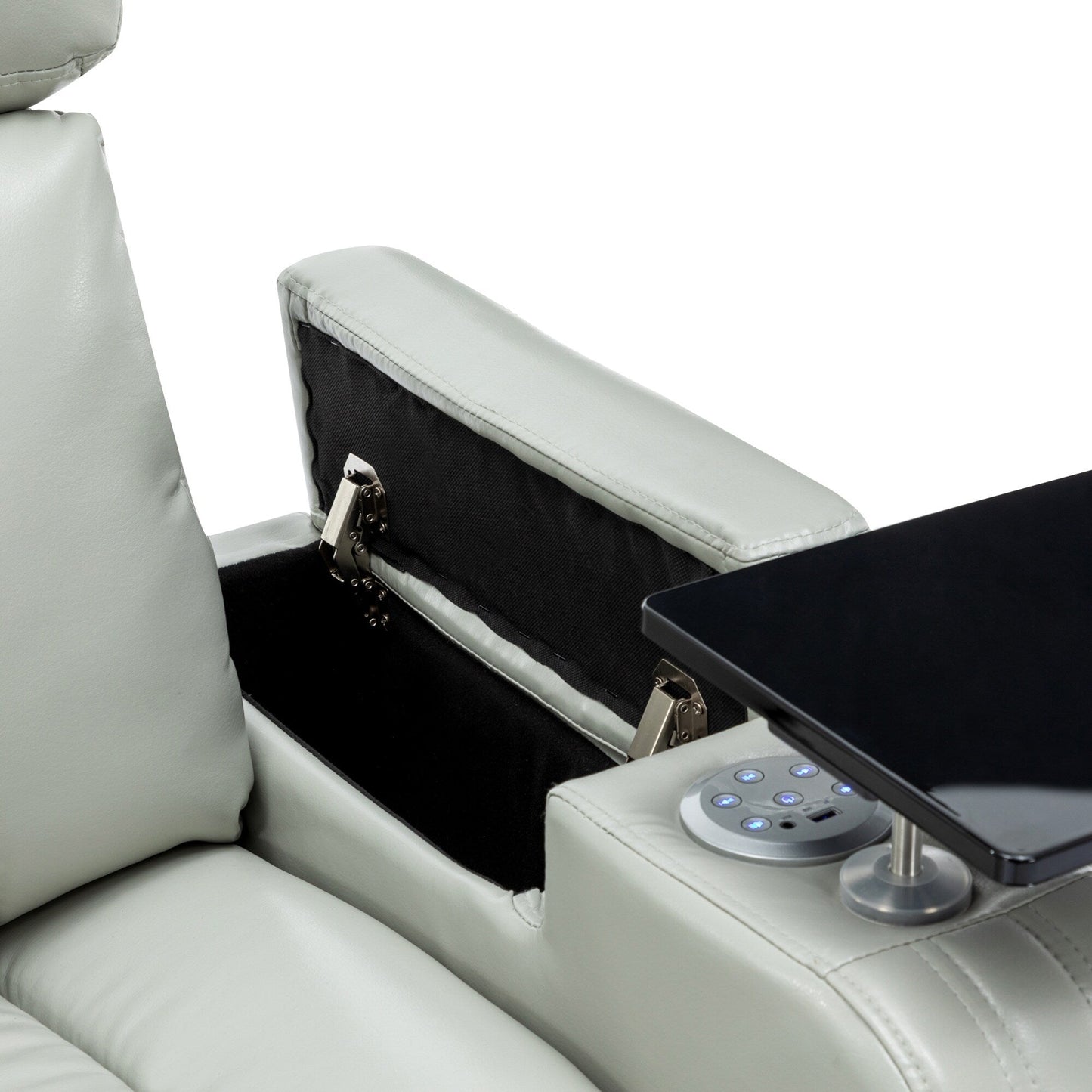 Fauteuil inclinable électrique avec porte-gobelet rafraîchissant, haut-parleur Bluetooth, lumières LED, ports USB, plateau et rangement dissimulé