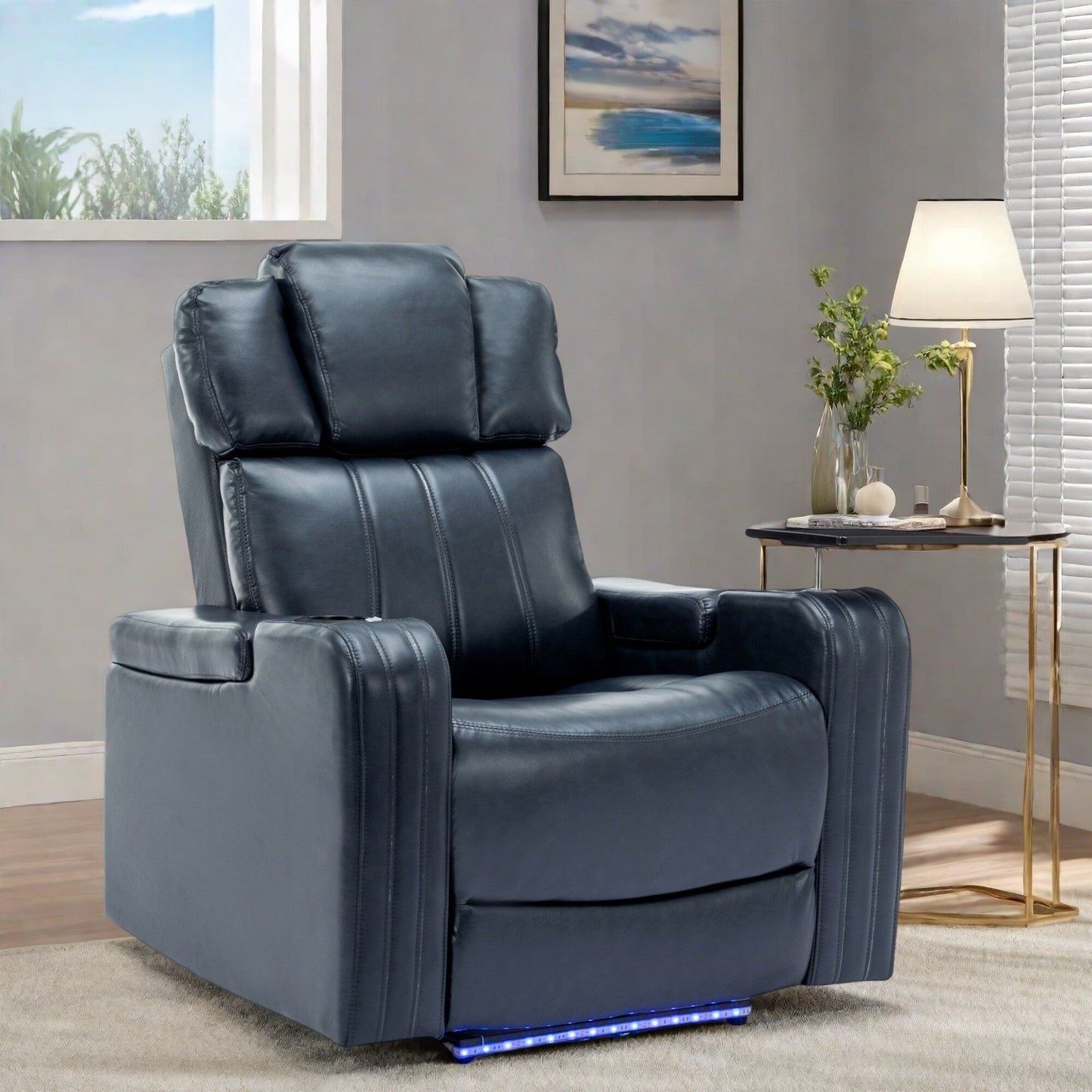 Fauteuil inclinable électrique avec porte-gobelet rafraîchissant, haut-parleur Bluetooth, lumières LED, ports USB, plateau et rangement dissimulé