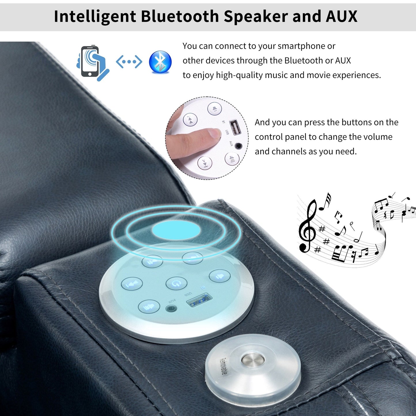 Fauteuil inclinable électrique avec porte-gobelet rafraîchissant, haut-parleur Bluetooth, lumières LED, ports USB, plateau et rangement dissimulé