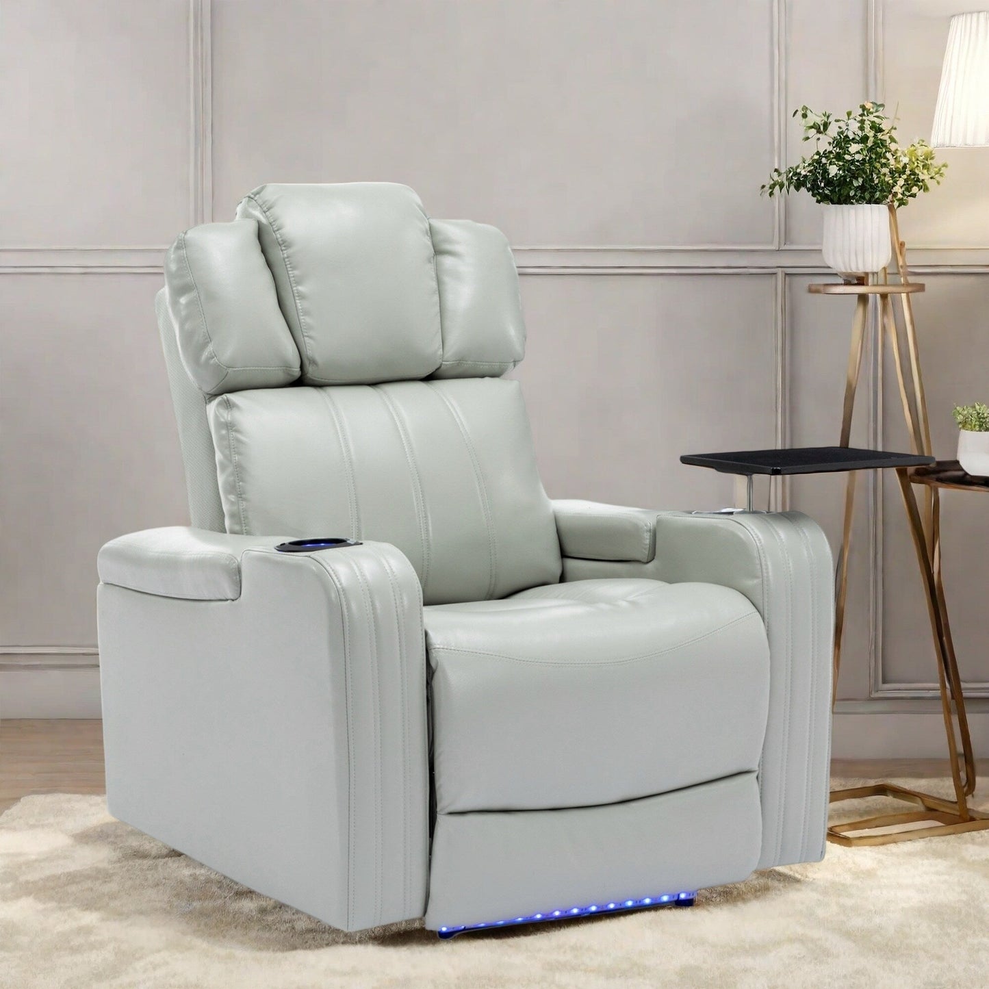 Fauteuil inclinable électrique avec porte-gobelet rafraîchissant, haut-parleur Bluetooth, lumières LED, ports USB, plateau et rangement dissimulé