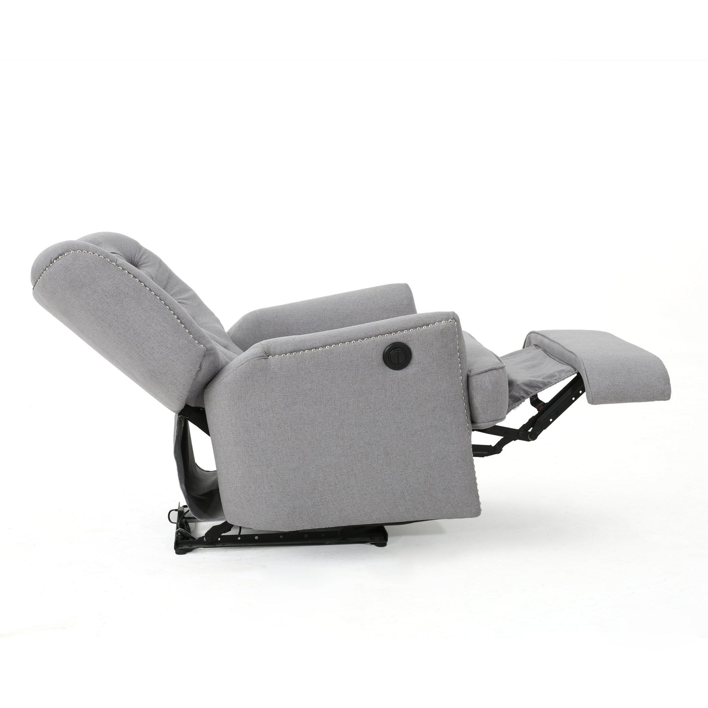 Fauteuil inclinable électrique, tissu doux gris capitonné à boutons, touches cuivrées