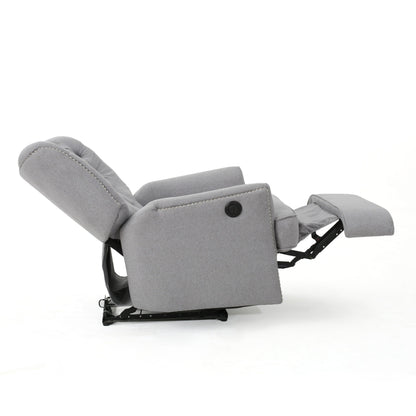 Fauteuil inclinable électrique, tissu doux gris capitonné à boutons, touches cuivrées