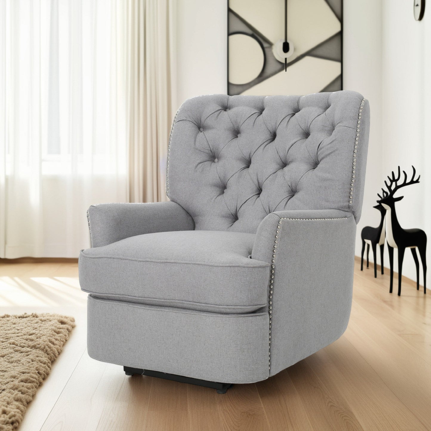 Fauteuil inclinable électrique, tissu doux gris capitonné à boutons, touches cuivrées