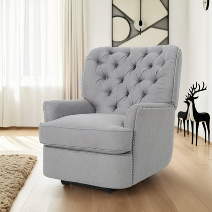 Fauteuil inclinable électrique, tissu doux gris capitonné à boutons, touches cuivrées