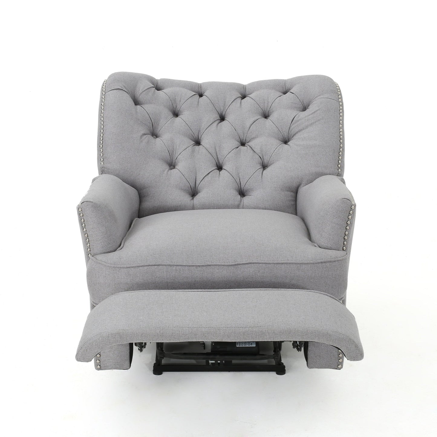 Fauteuil inclinable électrique, tissu doux gris capitonné à boutons, touches cuivrées