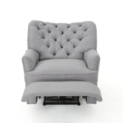 Fauteuil inclinable électrique, tissu doux gris capitonné à boutons, touches cuivrées