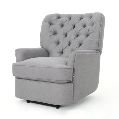 Fauteuil inclinable électrique, tissu doux gris capitonné à boutons, touches cuivrées