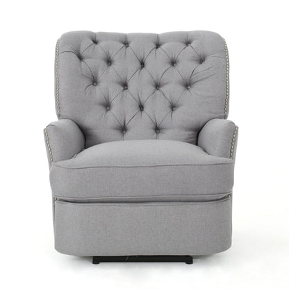 Fauteuil inclinable électrique, tissu doux gris capitonné à boutons, touches cuivrées