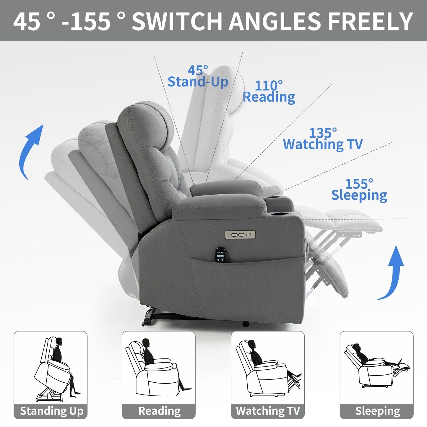 Fauteuil inclinable électrique avec moteur OKIN, massage 8 points, chauffage lombaire, ports USB et Type-C et deux porte-gobelets