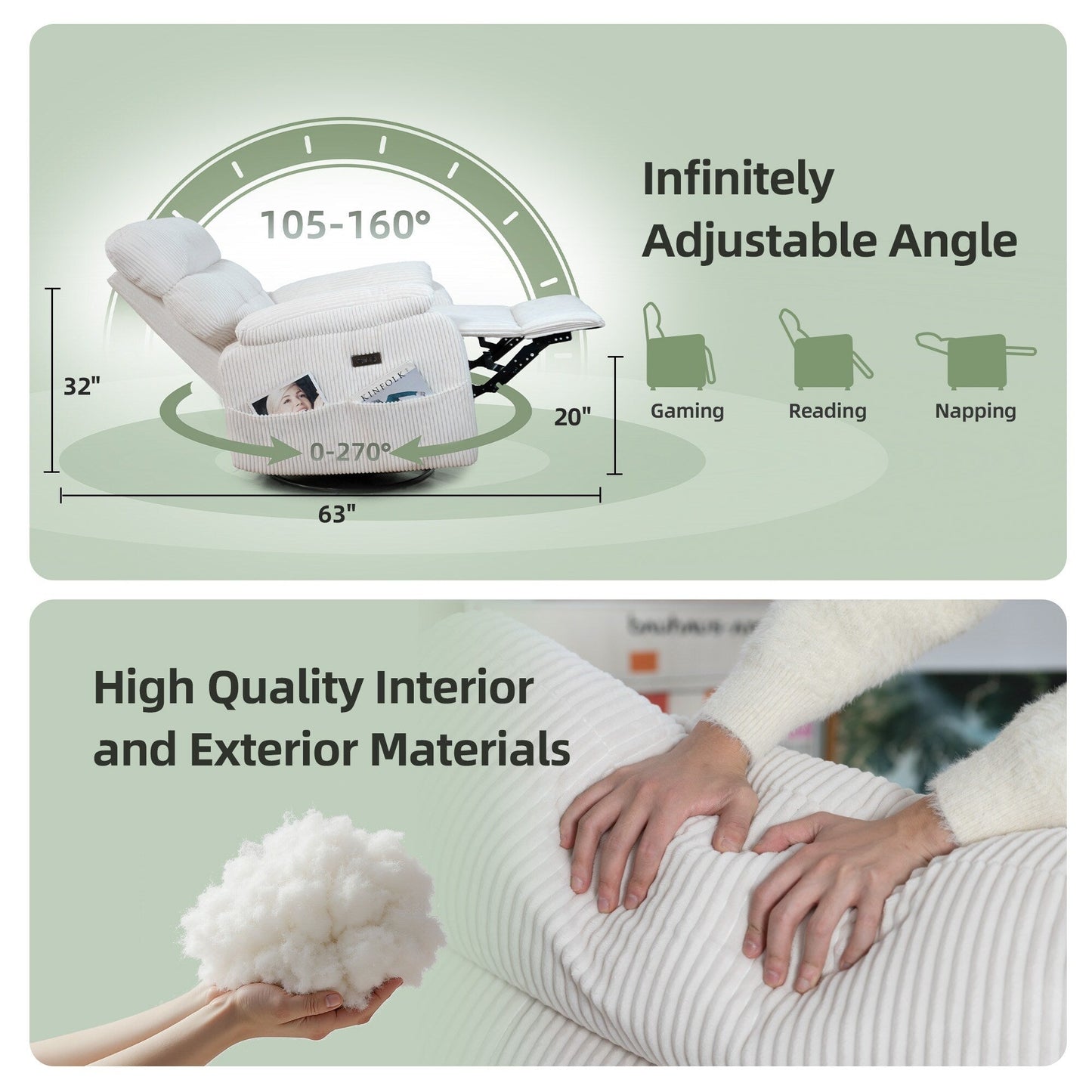 Fauteuil inclinable pivotant électrique avec ports USB et Type-C - Pivotant à 270°, inclinable à l'infini, rembourrage ergonomique