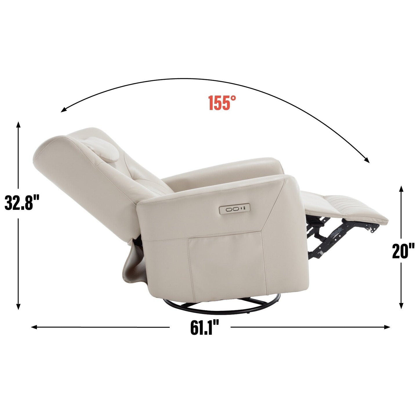 Fauteuil inclinable pivotant électrique avec support lombaire et cervical, ports de chargement USB et Type-C