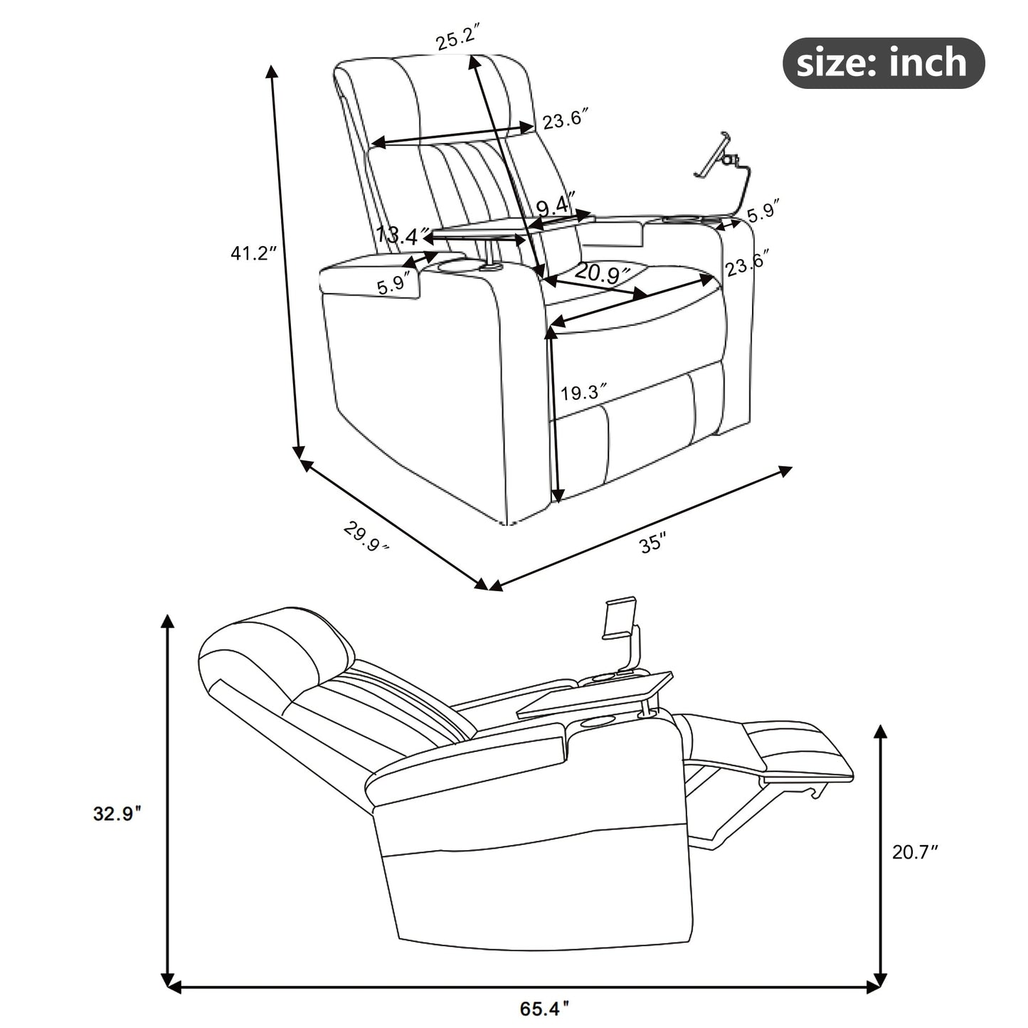 Fauteuil inclinable électrique haut de gamme avec accoudoirs de rangement, porte-gobelets, plateau pivotant et support pour téléphone portable