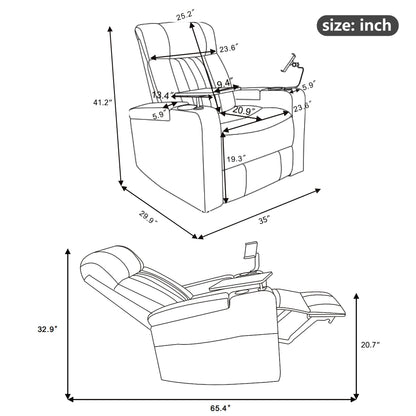Fauteuil inclinable électrique haut de gamme avec accoudoirs de rangement, porte-gobelets, plateau pivotant et support pour téléphone portable