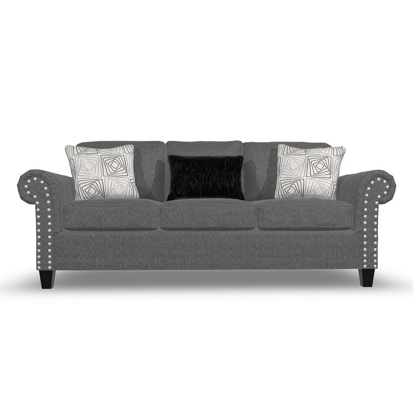 Canapé Preston, chenille grise, fausse fourrure, 3 coussins décoratifs, 230 cm