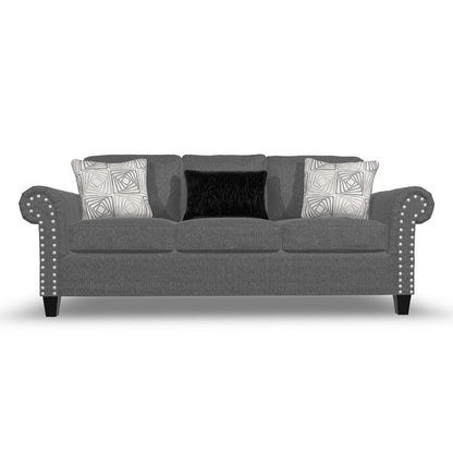 Canapé Preston, chenille grise, fausse fourrure, 3 coussins décoratifs, 230 cm