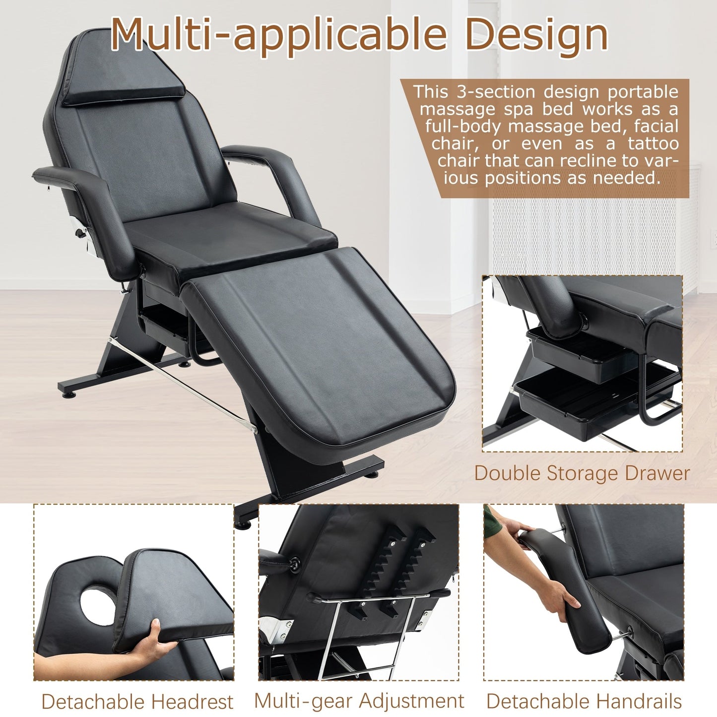 Fauteuil de massage professionnel pour salon de spa, lit pliable avec tabouret hydraulique réglable