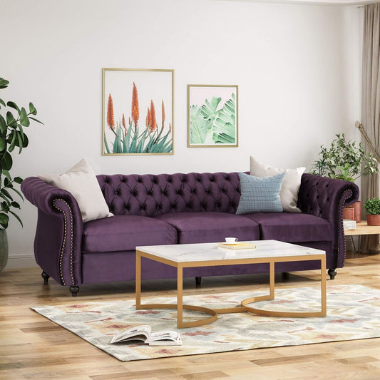 Canapé en velours violet moderne de 84,5 pouces avec accoudoirs droits, 3 coussins amovibles, confort moelleux et savoir-faire durable