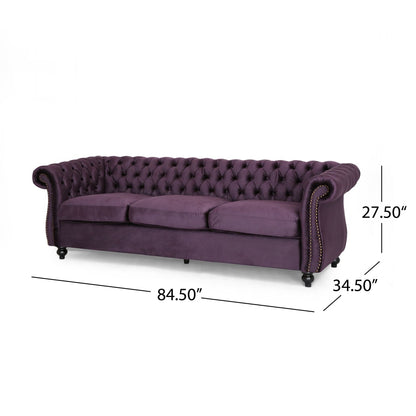 Canapé en velours violet moderne de 84,5 pouces avec accoudoirs droits, 3 coussins amovibles, confort moelleux et savoir-faire durable