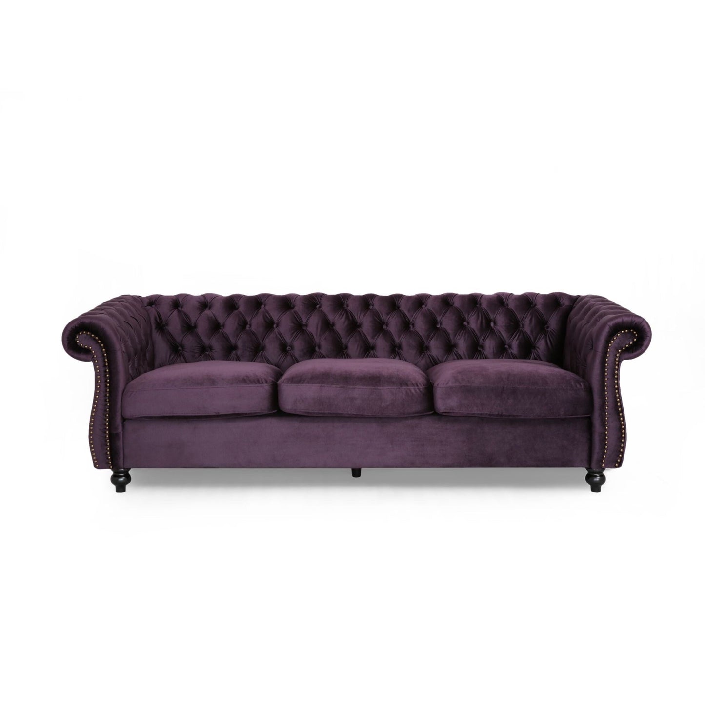 Canapé en velours violet moderne de 84,5 pouces avec accoudoirs droits, 3 coussins amovibles, confort moelleux et savoir-faire durable
