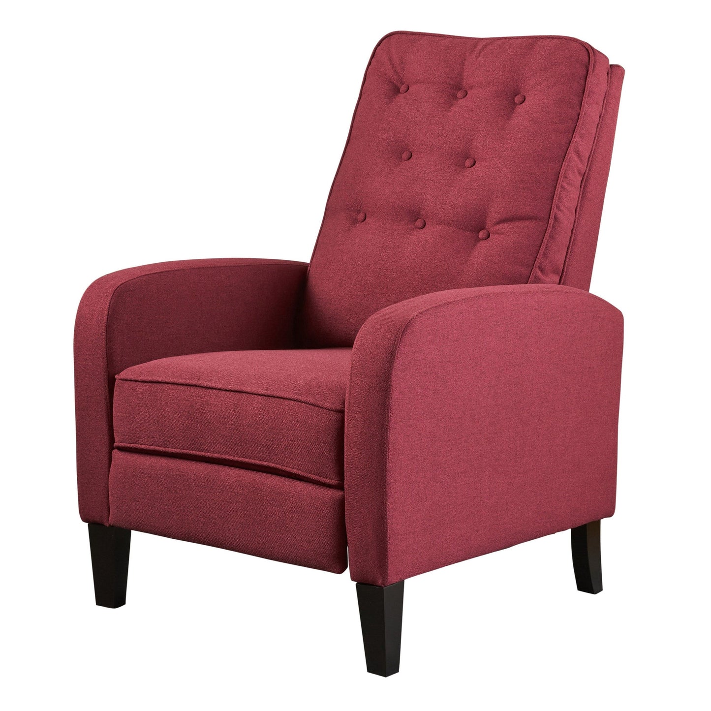 Fauteuil inclinable à dossier relevable, pieds en bois de bouleau, polyester capitonné à boutons rouges