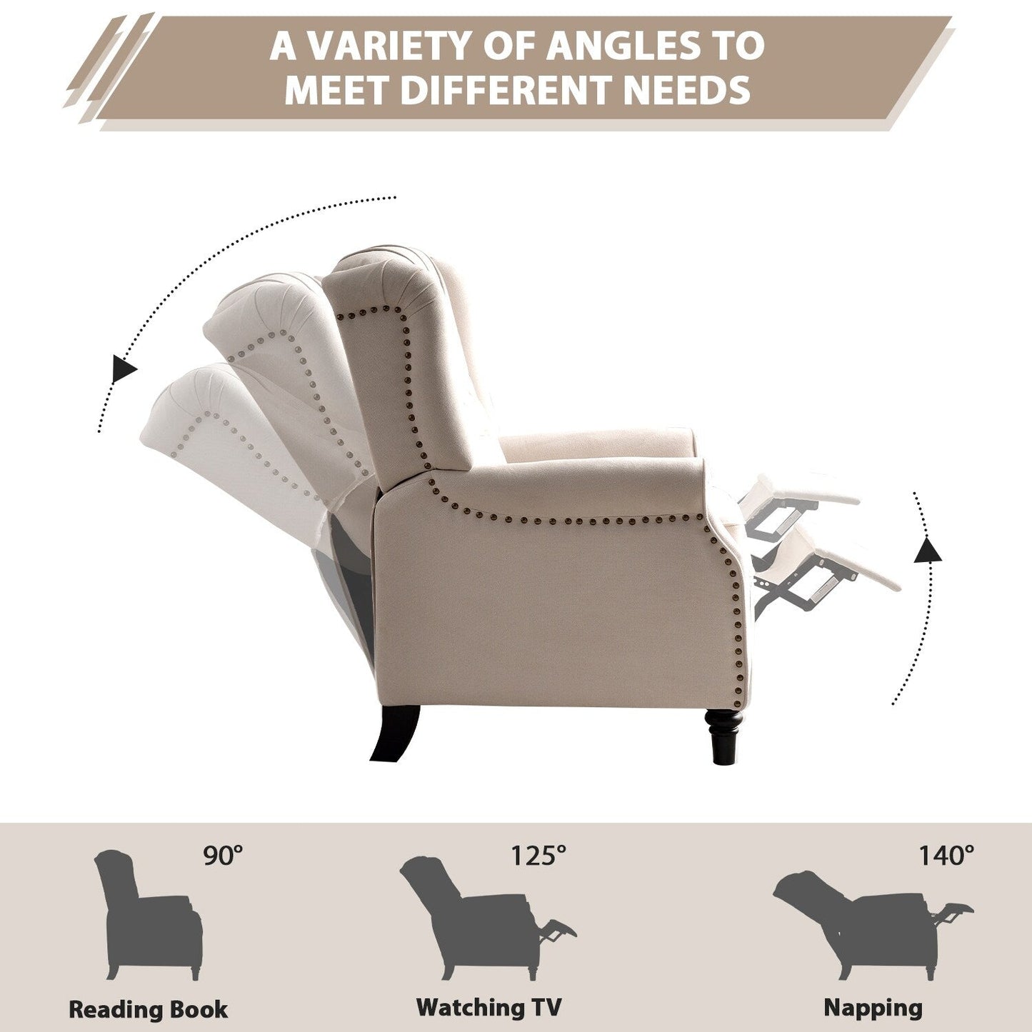 Fauteuil inclinable avec dossier capitonné et pieds en bois