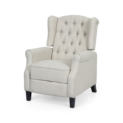 Fauteuil inclinable à dossier relevable, bois de bouleau brun foncé, tissu capitonné beige