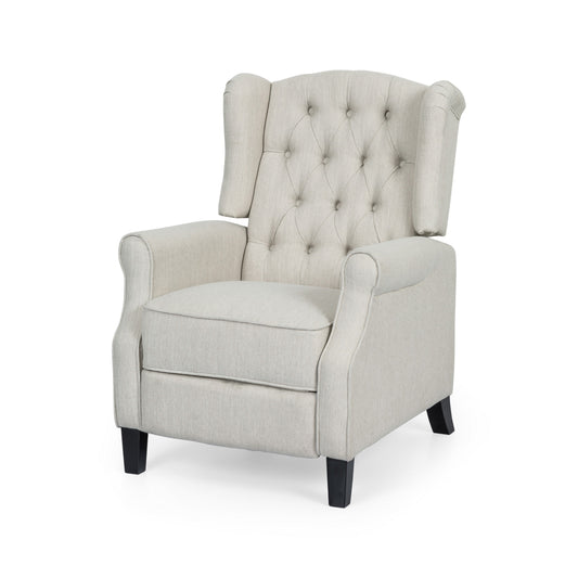 Fauteuil inclinable à dossier relevable, bois de bouleau brun foncé, tissu capitonné beige