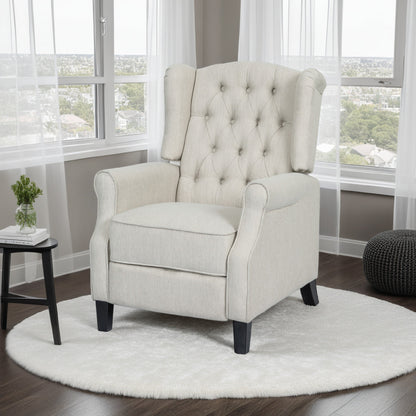 Fauteuil inclinable à dossier relevable, bois de bouleau brun foncé, tissu capitonné beige