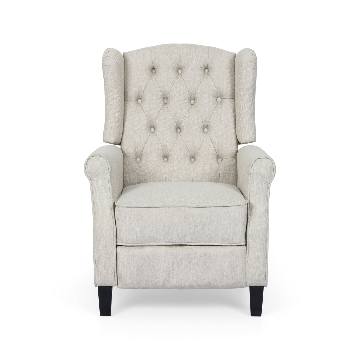 Fauteuil inclinable à dossier relevable, bois de bouleau brun foncé, tissu capitonné beige