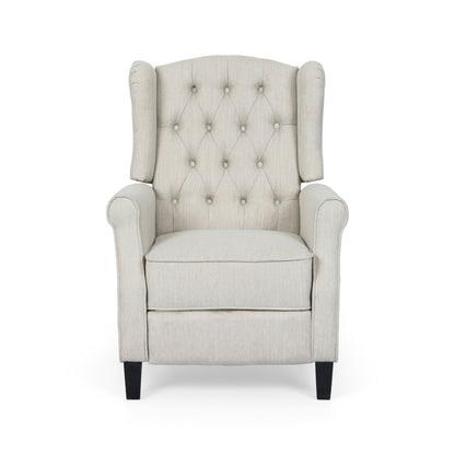 Fauteuil inclinable à dossier relevable, bois de bouleau brun foncé, tissu capitonné beige