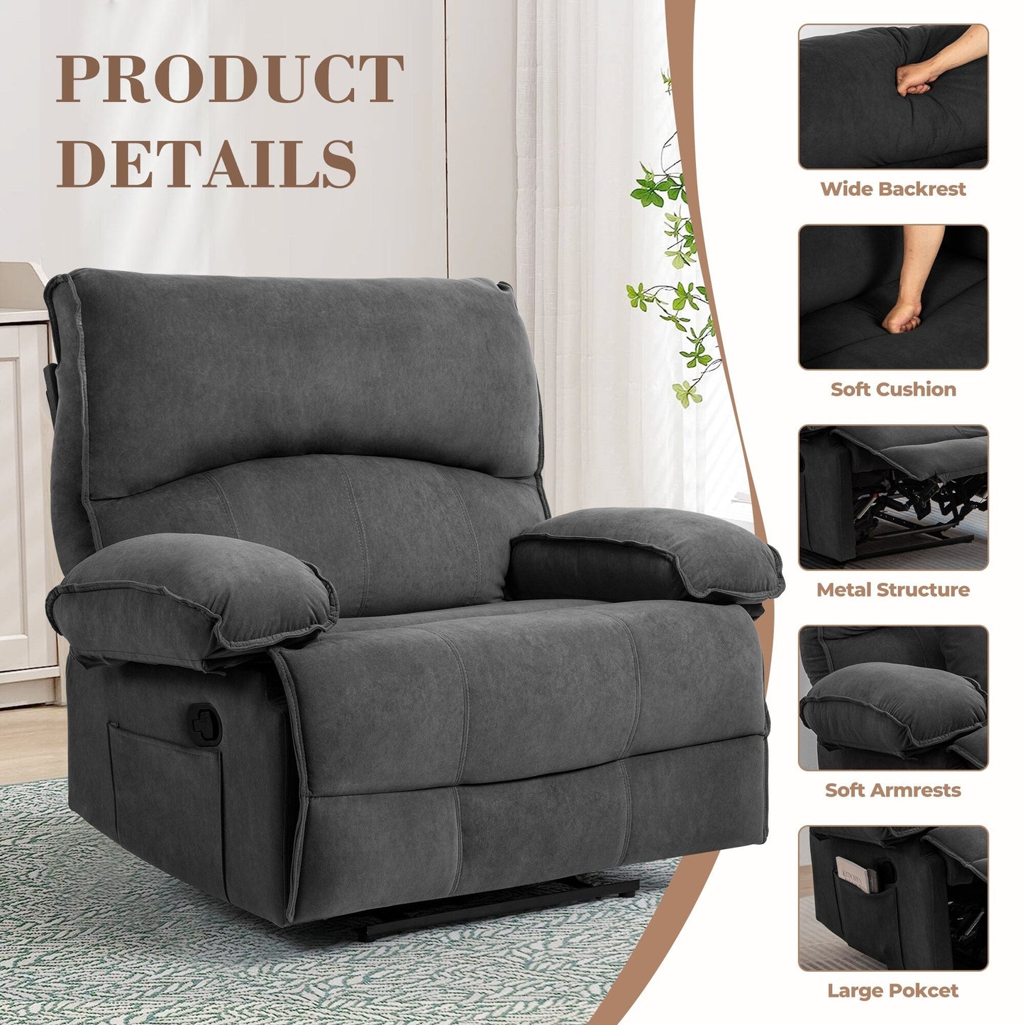 Fauteuil inclinable à dossier relevable avec coussin de massage et siège large