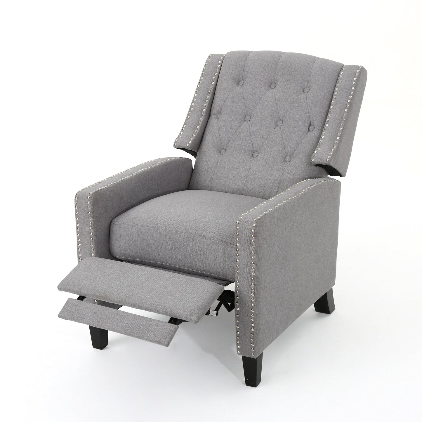 Fauteuil inclinable à dossier capitonné, bois de bouleau, tissu gris