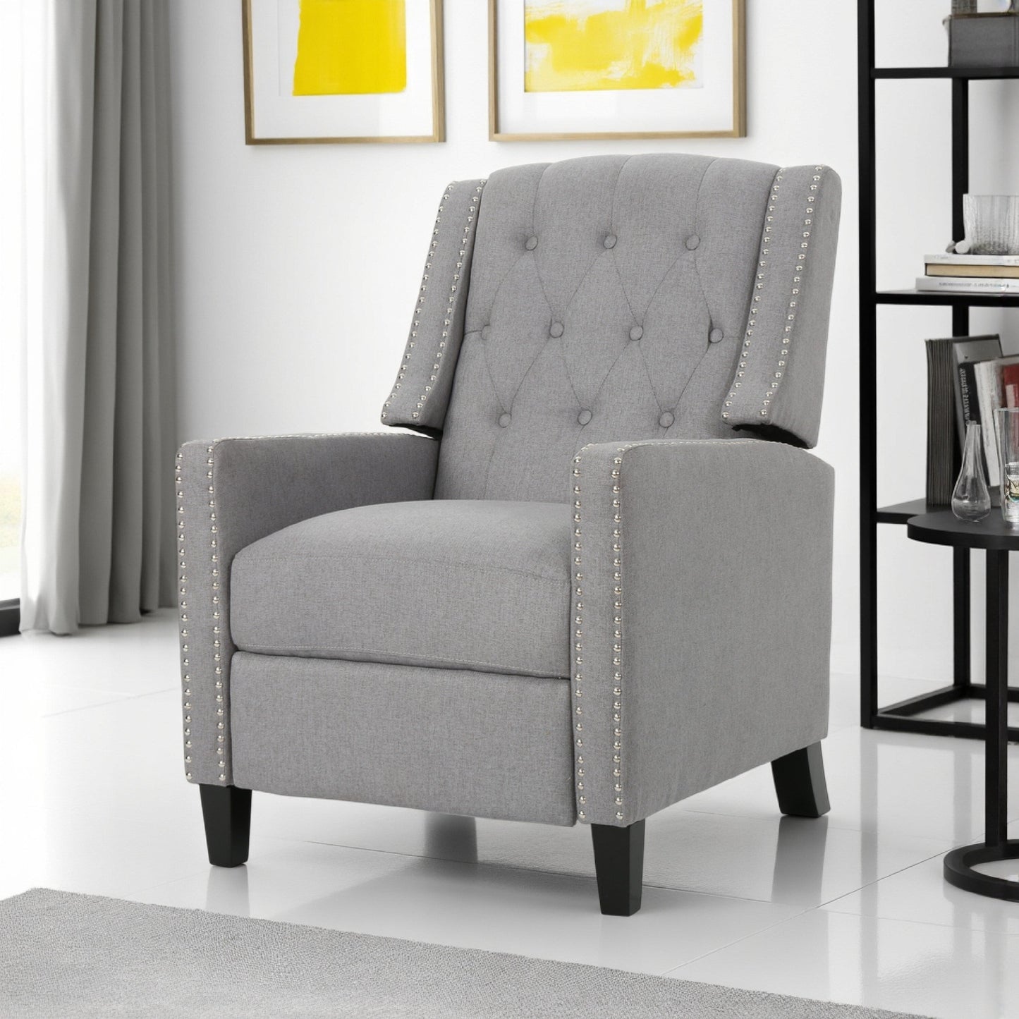 Fauteuil inclinable à dossier capitonné, bois de bouleau, tissu gris