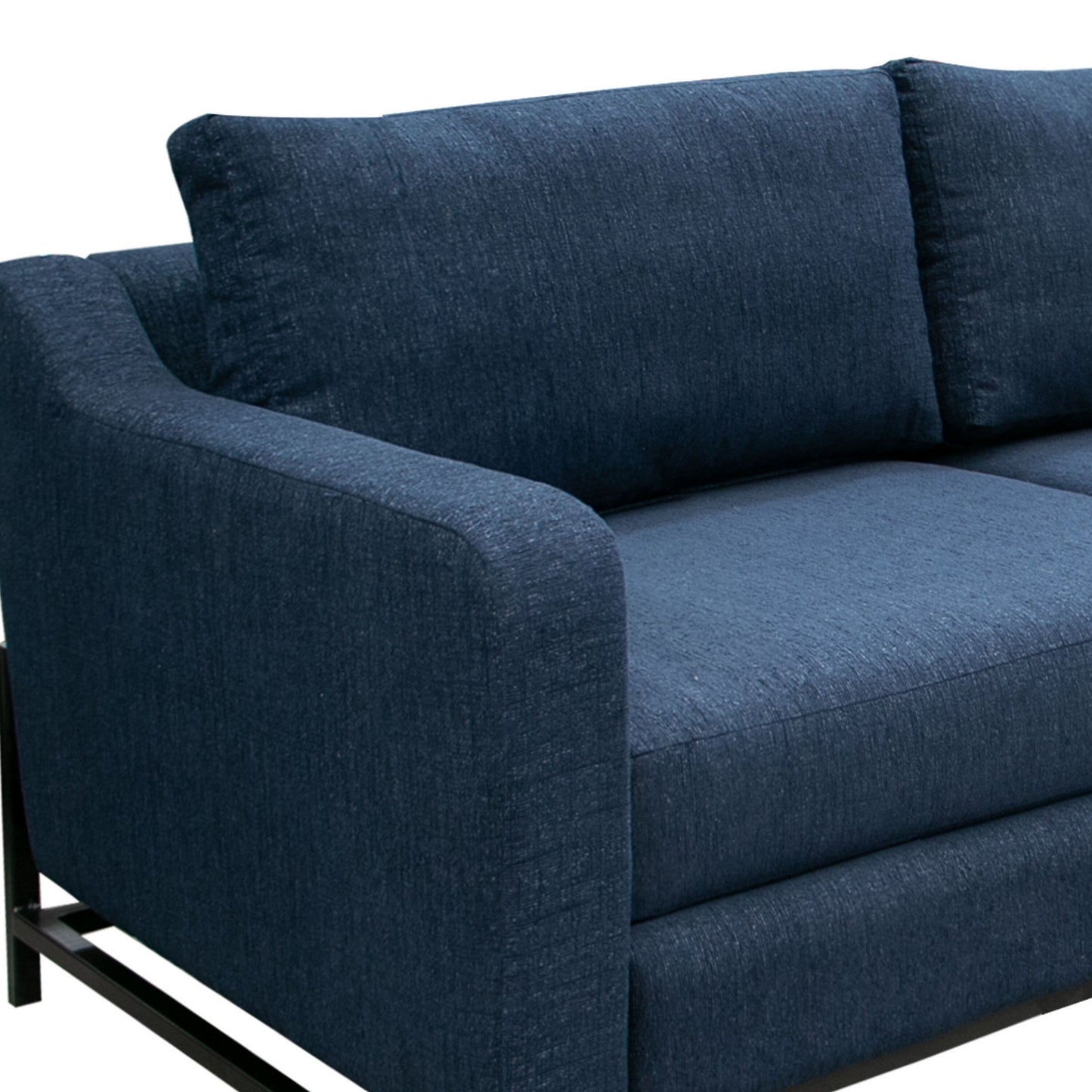 Canapé Raed, 2 coussins lombaires, 226 cm, bois massif, noir, polyester bleu