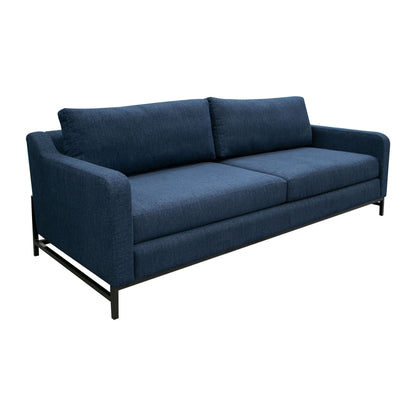 Canapé Raed, 2 coussins lombaires, 226 cm, bois massif, noir, polyester bleu