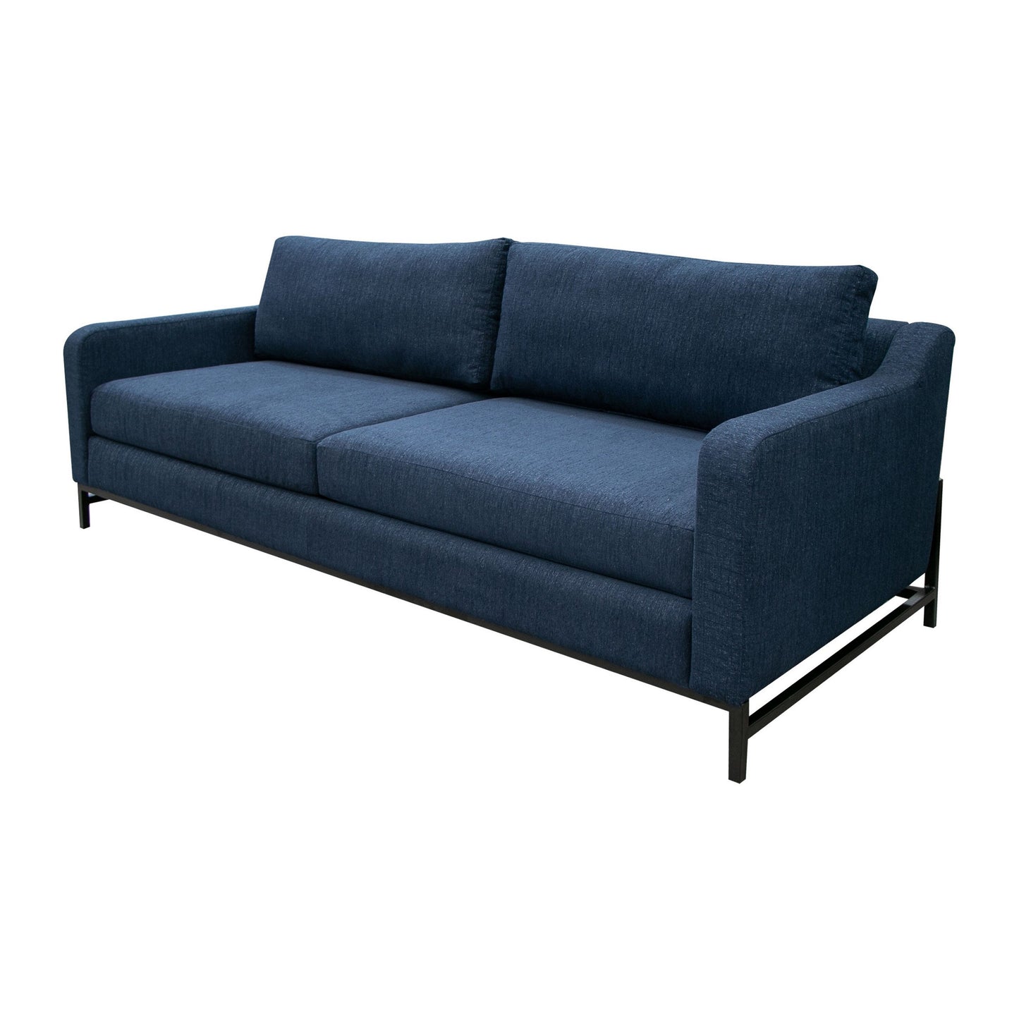 Canapé Raed, 2 coussins lombaires, 226 cm, bois massif, noir, polyester bleu