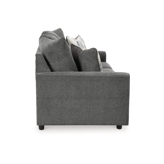 Canapé Ratty, 86 pouces, polyester gris, bordures passepoilées, 2 coussins décoratifs