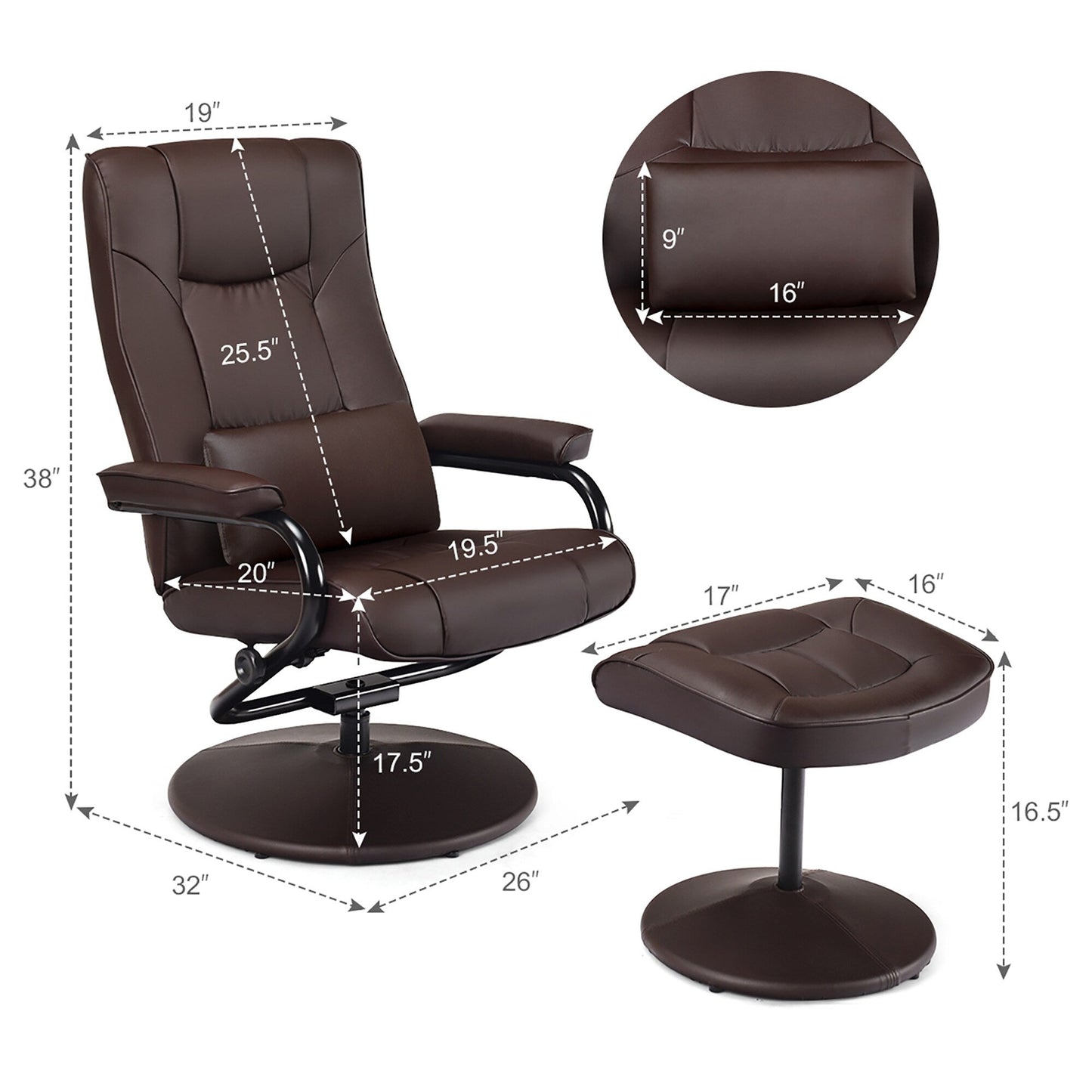 Fauteuil inclinable pivotant à 360 degrés en cuir PU avec repose-pieds