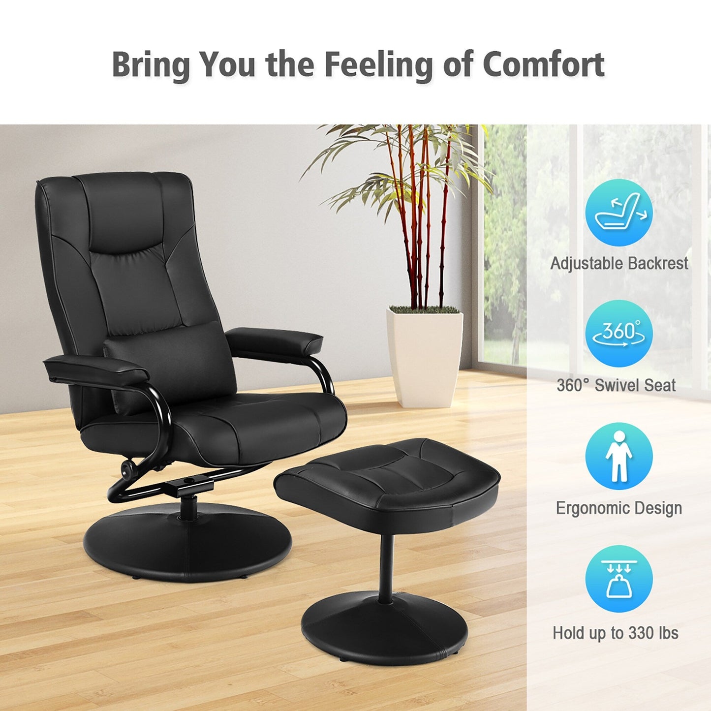 Fauteuil inclinable pivotant à 360 degrés en cuir PU avec repose-pieds
