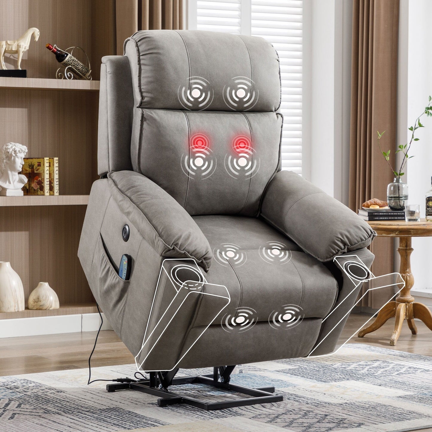 Fauteuil inclinable électrique avec relevage électrique et massage pour personnes âgées, avec poches latérales et porte-gobelet dissimulé